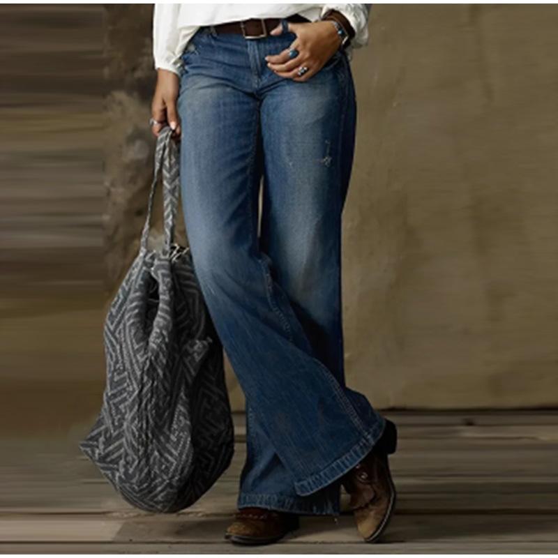 Women Jeans Wide Leg Pants Ankle Length Washing Denim Distressed Pockets High Waist Casual Loose Solid Spliced Summer 2025