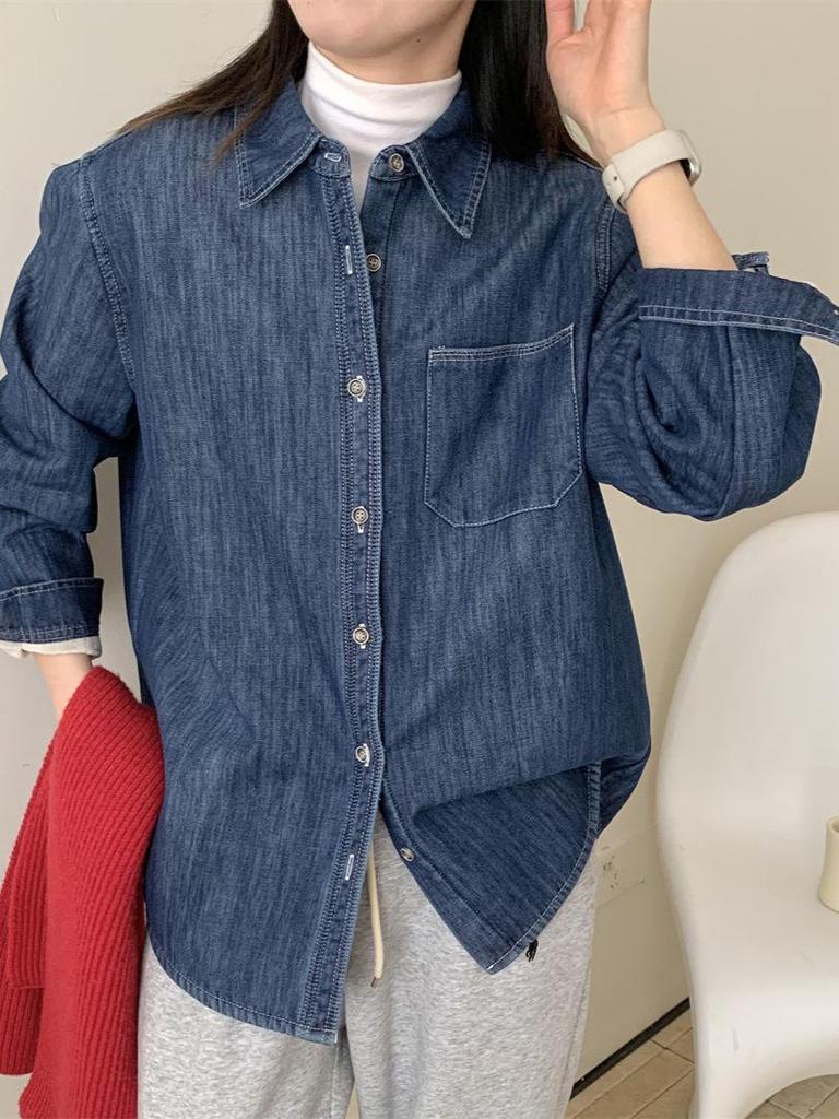 Spring 2026 New Arrival: Lazy Style Velvet-Lined Denim Lapel Shirt with Long Sleeves - Versatile and Casual.