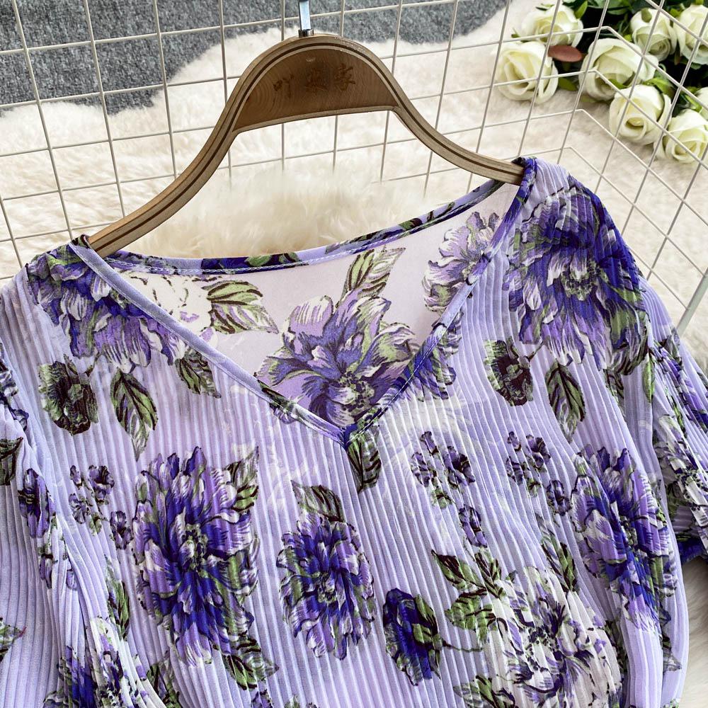 Mature Style Two-Piece Women's Suit: Loose Floral Pleated Shirt & High Waist Wide Leg Trousers