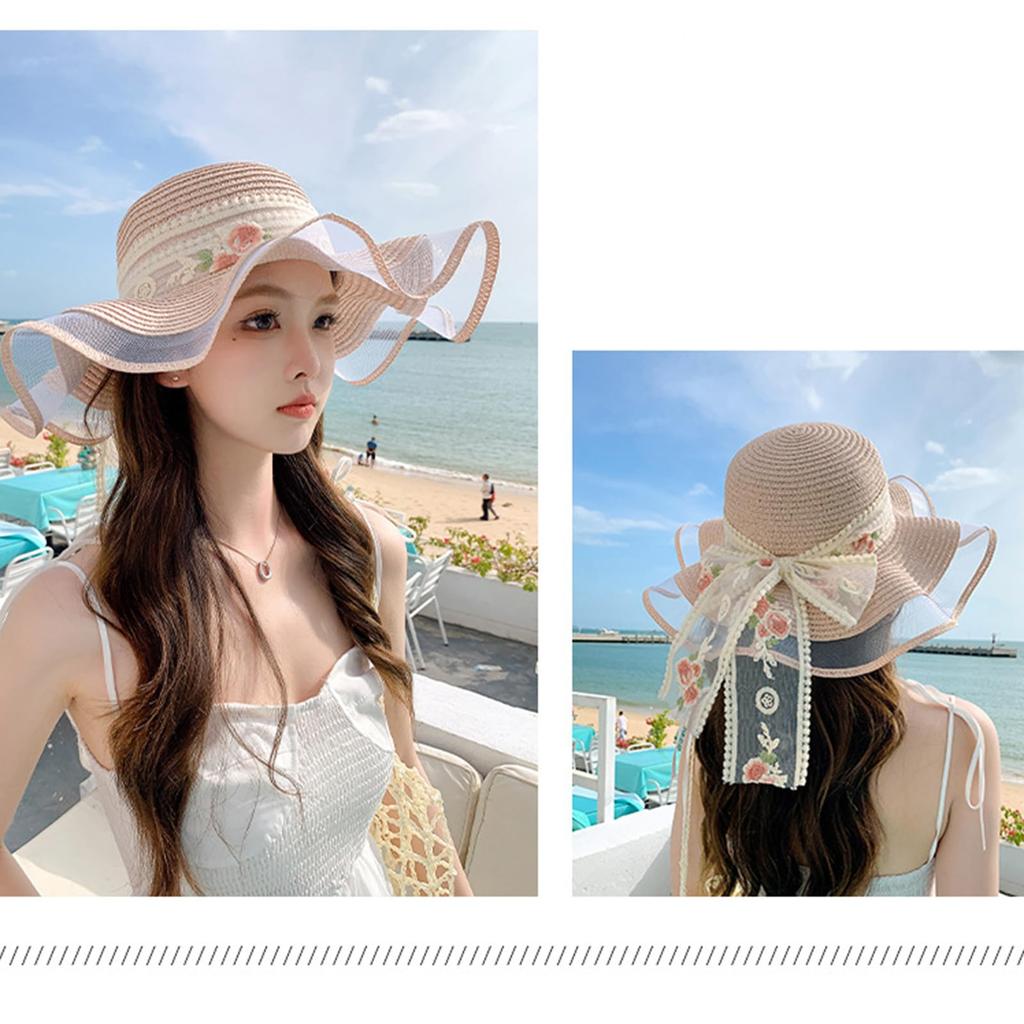 Straw Wide UV Floral Bowknot UV Sun Actress [easylivegogo] Women's Hat, Brim, Protection, Pattern, Ribbon, Lace, Cut, Protection, Natural, Refreshing,