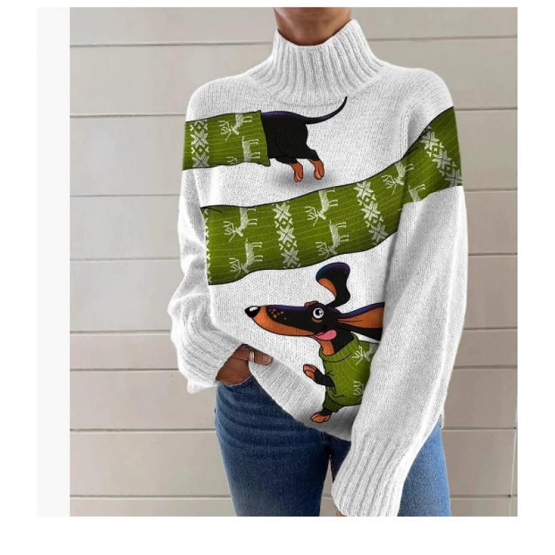 Womens Christmas Print High Neck Sweater Loose Fit Casual Long Sleeve Top