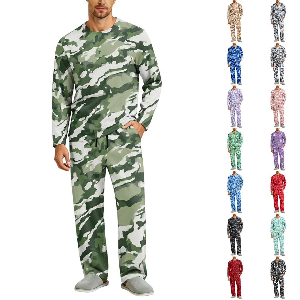 Men's Long Sleeve Pajama Set with Button Crotch and Elastic Drawstring Waist Pants for Home Loungewear