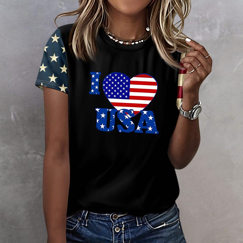 T Shirts For Women, Womens Short Sleeve Tops Dressy Summer O Neck Casual Trendy Blouses Tunic Tops Independence Day