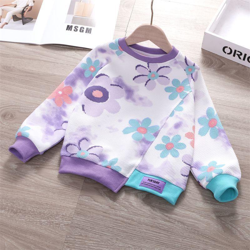 Girls Gradient Floral Print Long Sleeve Sweatshirt Casual Loose Round Neck Top For Spring Autumn
