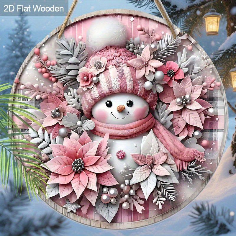 Pink Snowman Poinsettia Christmas Round Wooden Hanging Sign, 2D Flat Printed Front Door Decor, Winter Floral Xmas Wall Ornament Gift