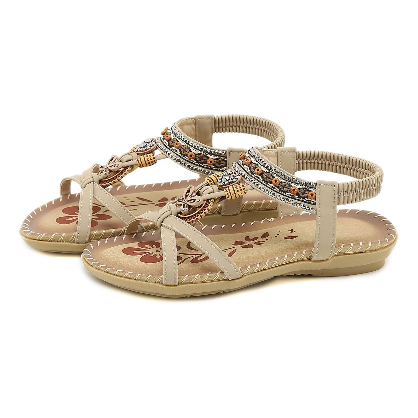 

Womens Sandals Size 38 Fashion Women Casual Open Toe Flat Rhinestone Comfortable Soft Bottom Breathable Sandals For Woman 38 бежевый