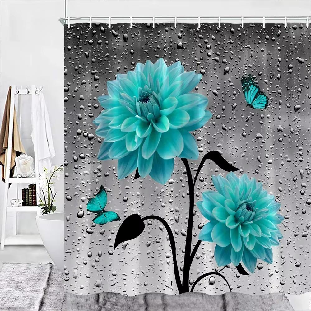 Purple Blue Floral Bouquet Butterfly Shower Curtain,Dreamy Painting Flowers &Butterfly,Bathroom Decorative Shower Curtains W60H190(CM)-1 Pcs