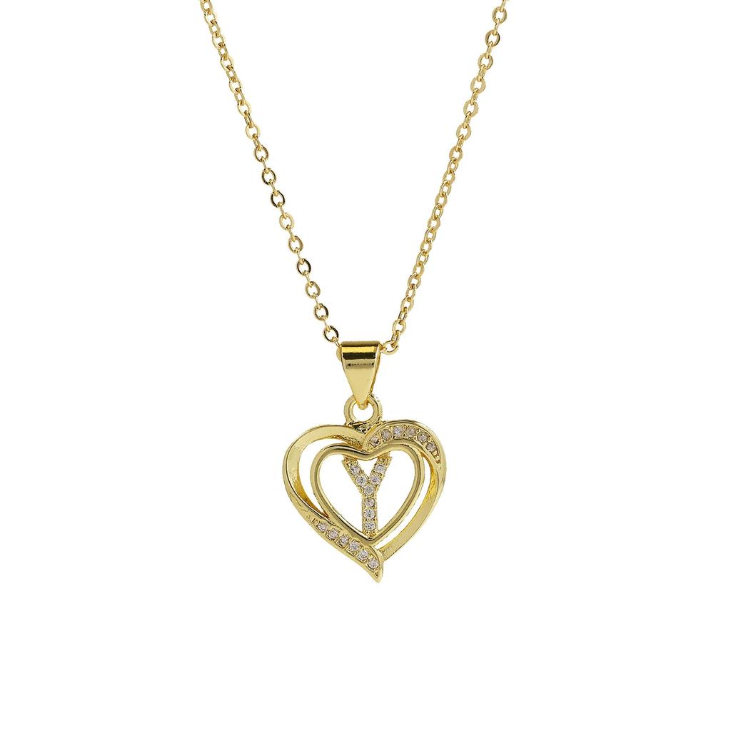 A-Z English Letter Initial Necklace 18K Gold Plated Necklace Micro Setting Zircon Heart Necklace for Women