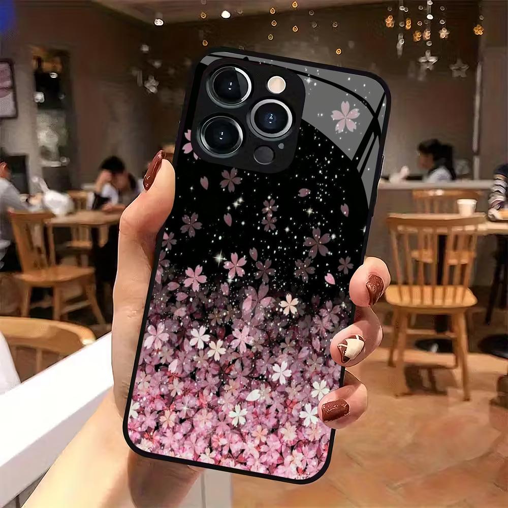 Pink Cherry Blossom Pattern Tempered Glass Phone Case Suitable for iPhone 17 16 15 14 13 12 11 Pro/Max/Plus Anti Drop Back Cover