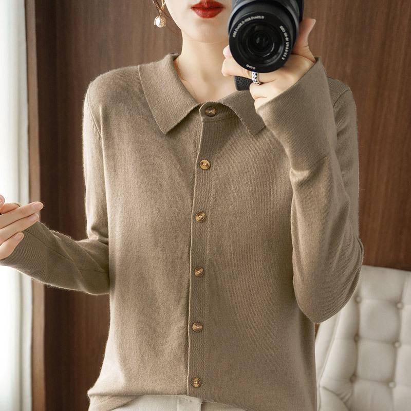 Women's Wool Cardigan with POLO Collar - Long Sleeve Sweater for Spring & Autumn