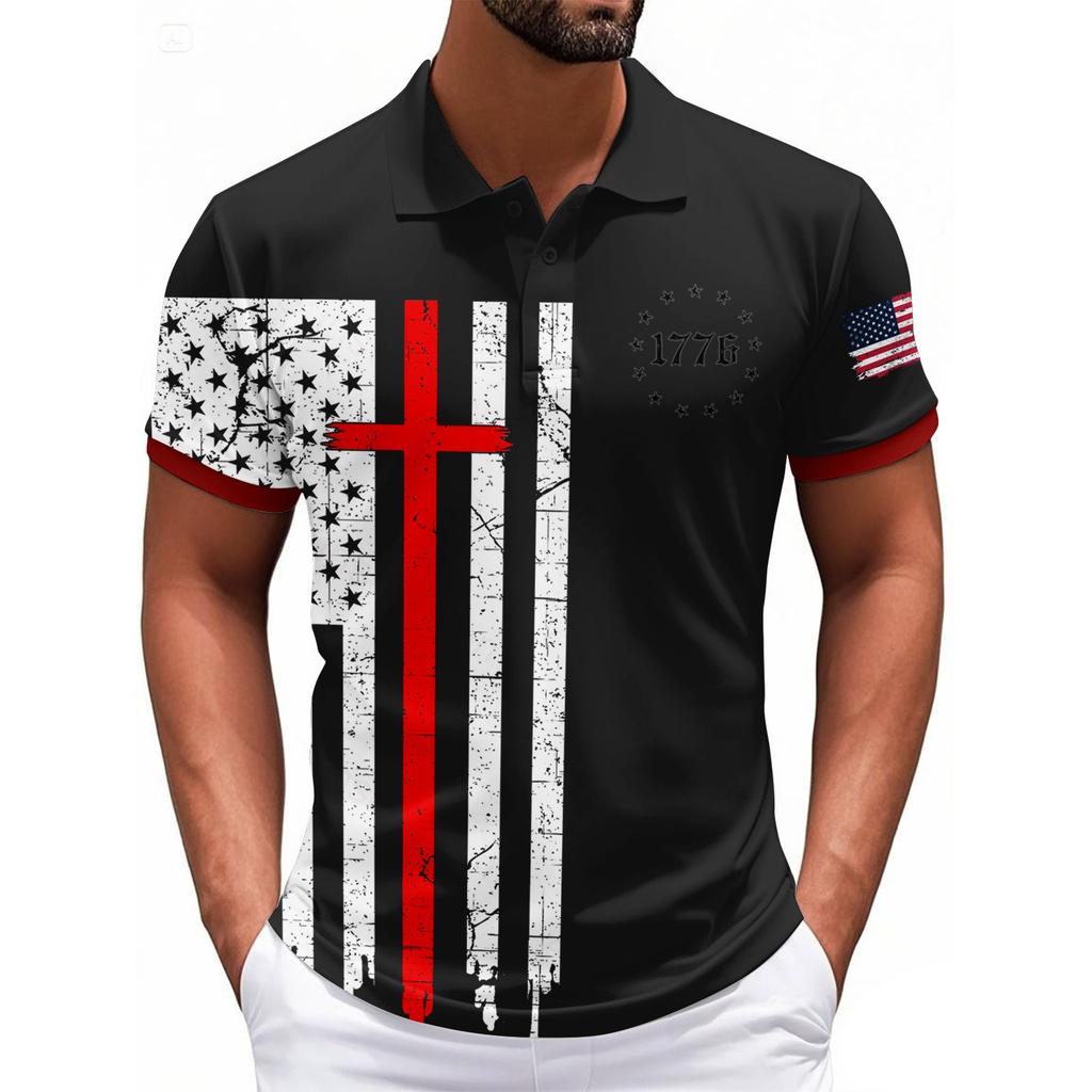 Fashionable Men's Casual Independence Day Printed Neck Short Sleeve Top
