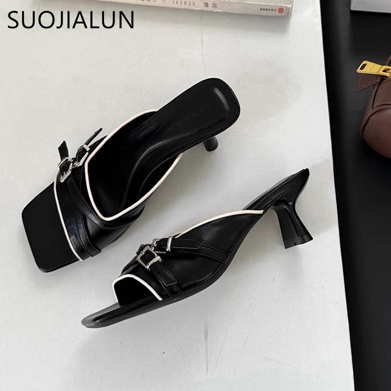 Fashion SUOJIALUN 2025 New Brand Women Slipper Fashion Square Toe Slip On Ladies Elegant Slides Square High Heel Outdoor Dress Sandal