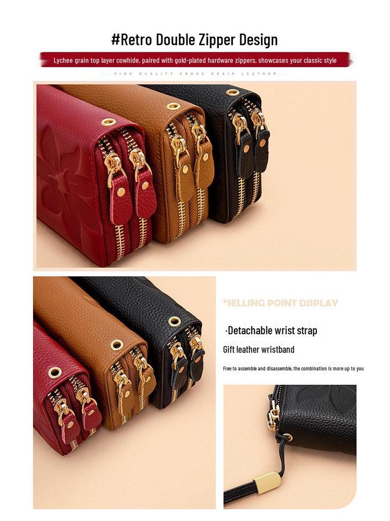 Damen Große Kapazität Rindsleder Litschi-Narben Doppelreißverschluss Clutch Geldbörse