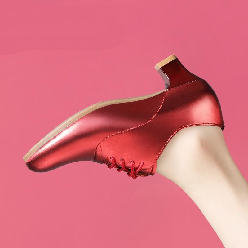 4cm 6cm Comfortable Lace Up Genuine Leather Shoes Women Pumps Spring 2025 Med Block Heels Shoes Red Silver for Dance Party Mom