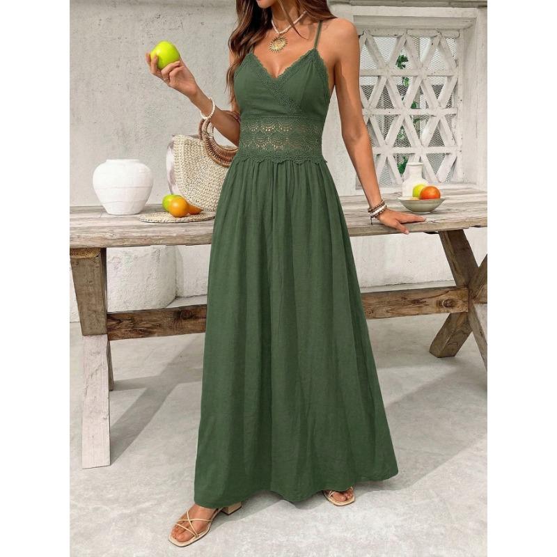 Ethnic Vacation Style Solid Color Lace Backless Spaghetti Strap High Waist Maxi Dress For Women