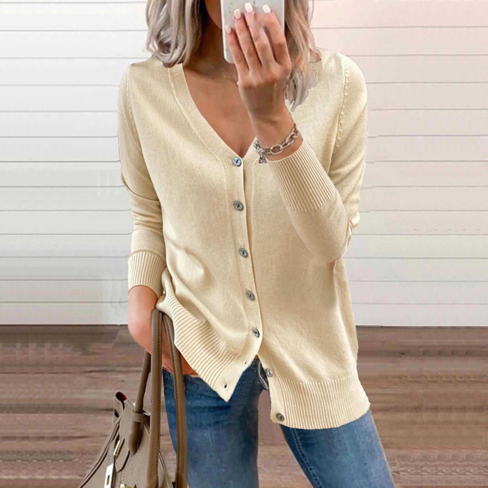 

Женский модный повседневный однотонный свитер с длинным рукавом, тонкий свитер, топ L бежевый