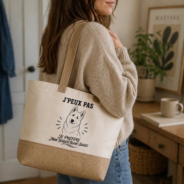 Sac J’peux pas je préfère mon Berger Blanc Suisse J'peux pas minimaliste | Cabas en Coton avec Fond Jute 18 L 48 × 37 × 13 cm