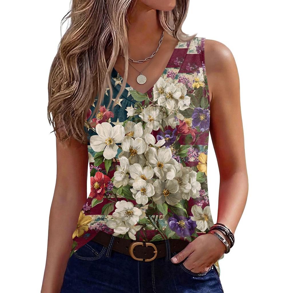 V-Neck Tank Top Women Print Tank Tee Casual Loose Fit Sleeveless Shirt