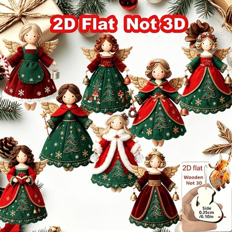 Corded Christmas Angel Decorations, Illustrated Wooden Figures for Seasonal Displays, Gift Bags, Wreaths, and Mantels