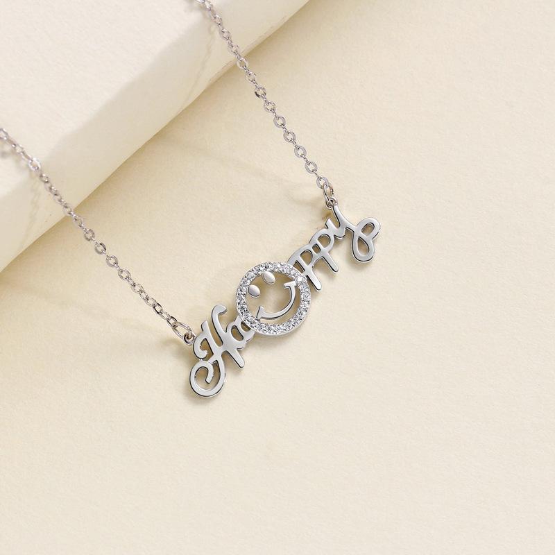 S925 Sterling Silver Smiley Face Necklace with Letter Pendant for Women - Creative Emoji Fashion Jewelry. 925 Silver