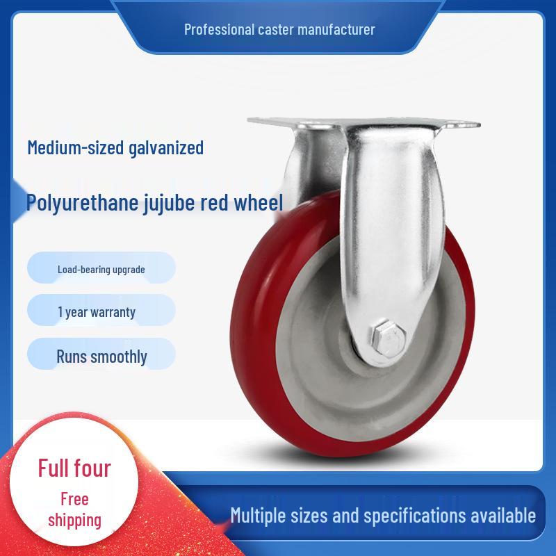 Red Polyurethane Swivel Casters, Medium-Thick 3'', 4'', 5'', Double Bearings, Wear-Resistant, High-Strength Furniture Wheels