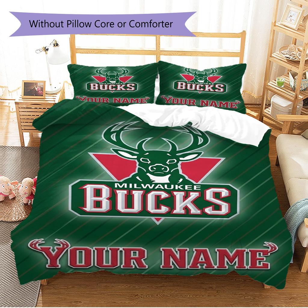 Name Custom Milwaukee Bucks Logo Pattern Bedding Set Quilt Cover Pillowcase Home Decor Gift (1 * Duvet Cover + 2 * Pillowcase, Without Core)