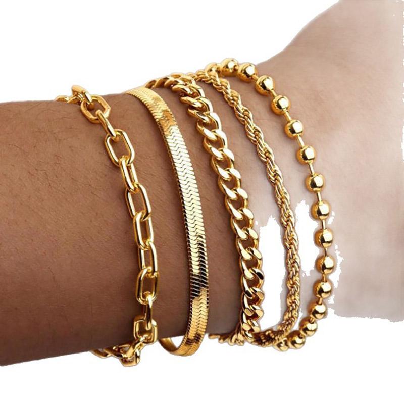 5Pcs Gold Color Bracelets Set For Women Dainty Beaded Cuban Paperclip Chain Adjustable Multilayer Trendy Jewelry Accessories