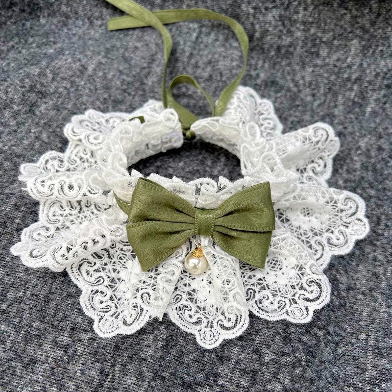 Dark Green Bow Knot Pet Cat Necklace Floral Pearl Decorate Bib Neck Collar for Small Medium Dogs Lace Wedding Cats Accessories