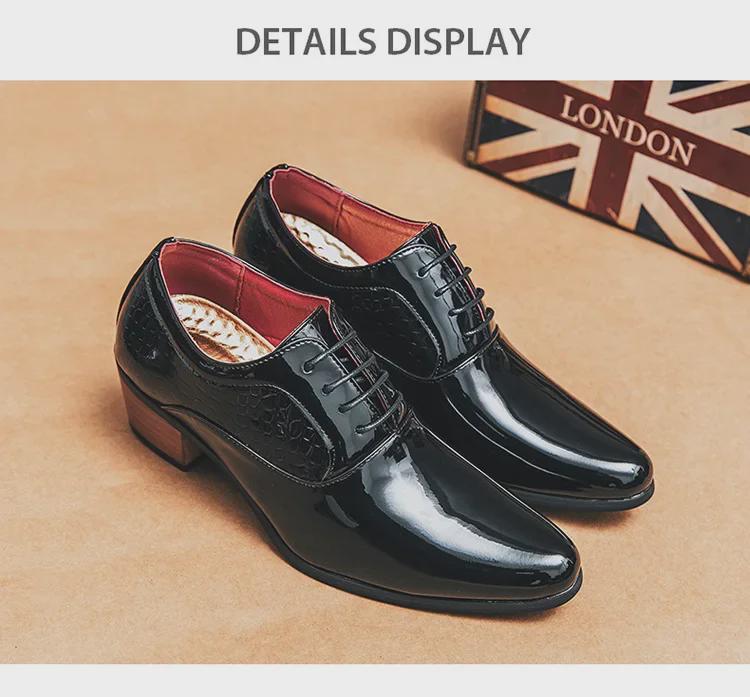 Men's British Style Height-Boosting Leather Dress Shoes - Pointed, Shiny, and Trendy for Weddings and Casual Wear.