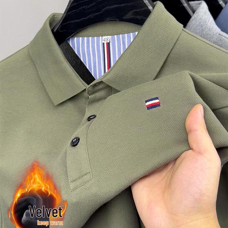 Herren Fleecegefüttert Bestickt Langarm Poloshirt - Herbst/Winter 2025 Business Casual Umlegekragen