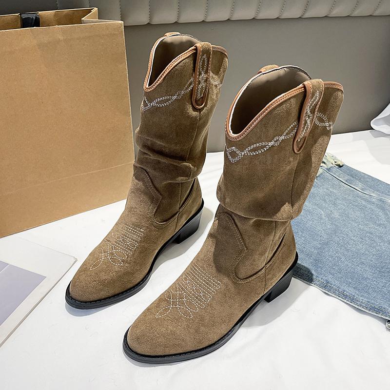 

Новые ретро-ботинки средней длины с вышивкой, ковбойские сапоги в стиле вестерн, рыцарские сапоги с V-образным вырезом для женщин 40 хаки