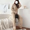 Women Autumn Winter Solid Color Loose Knitted Sweatshirt Suit Casual Long Sleeved Striped Hoodie Long Straight Leg Pants Two-piece Set
