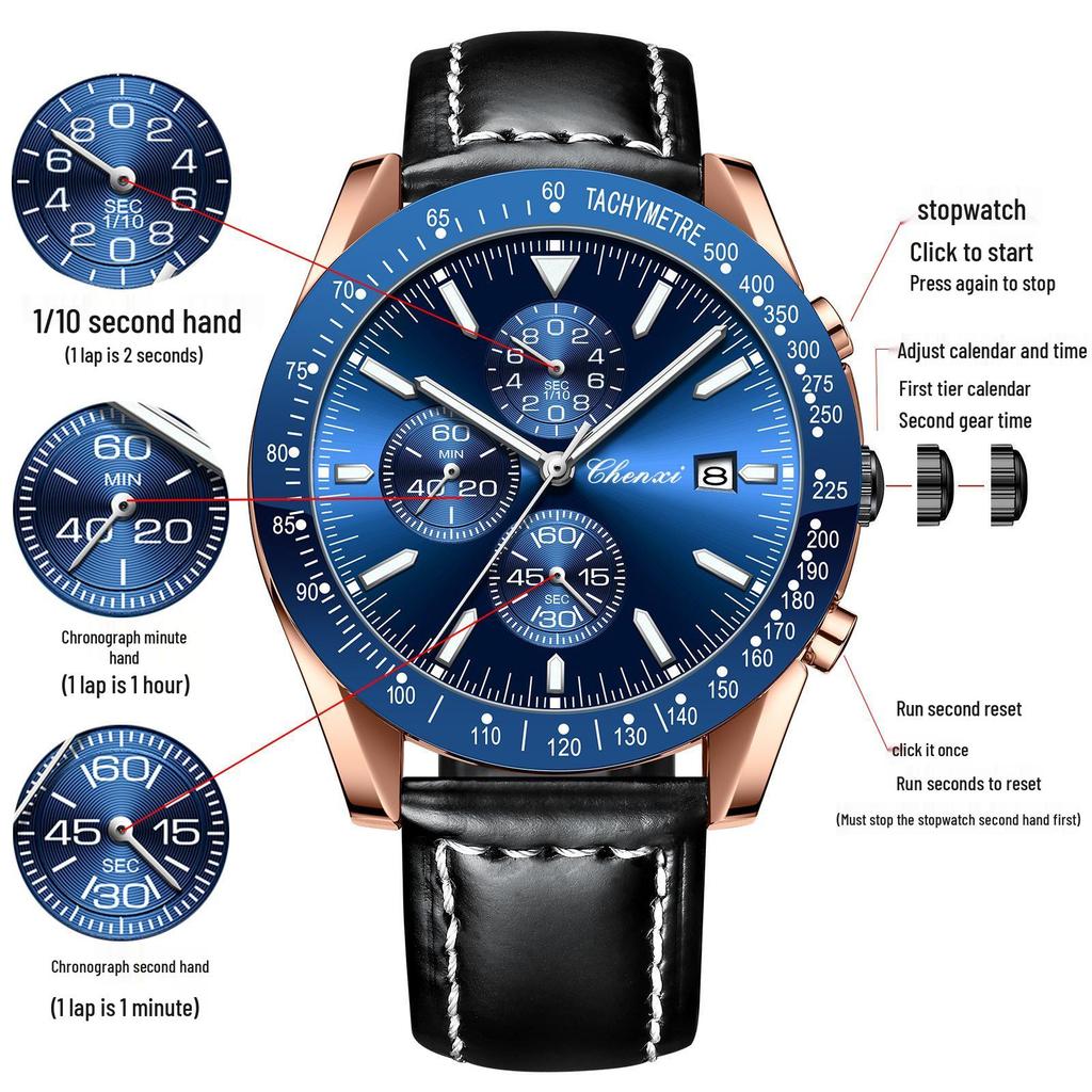 CHENXI Men's Multifunctional Sports Chronograph with Luminous Steel Band - Quartz Watch