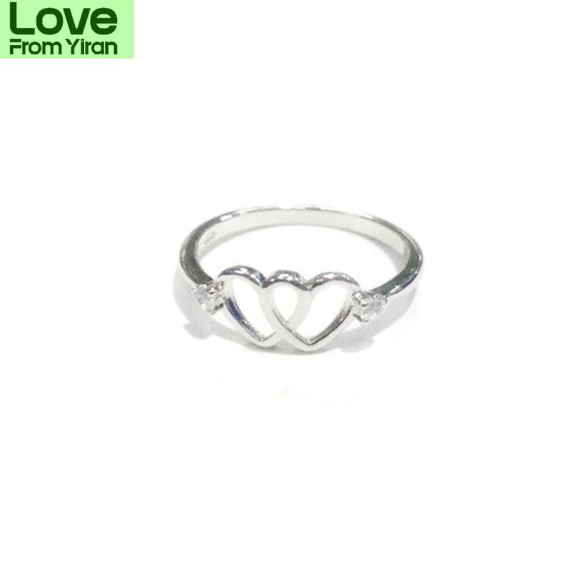 Latest Small Fresh Heart Shaped Creative Double Love Hollow Sterling Tone Jewelry Stylish Fashionable Crystal Stone Opening Rings