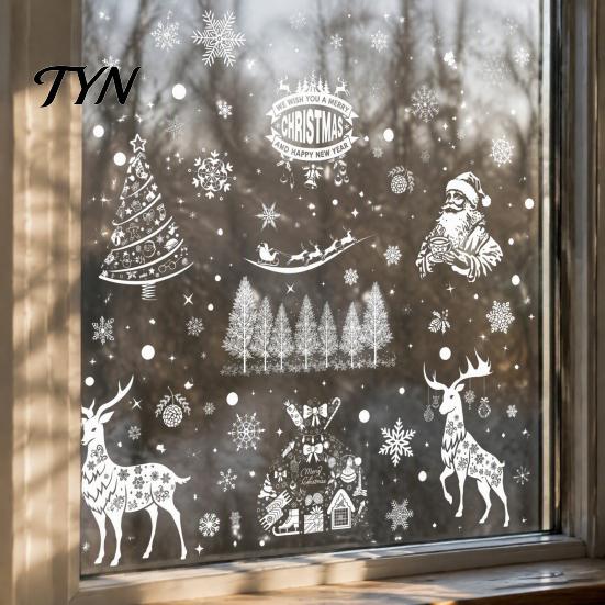 Static Window Clings 6Pcs Christmas Clings, Retro White Line Glass Sticker for Holiday Electrostatic Film Decoration, Reusable PVC Elk Santa