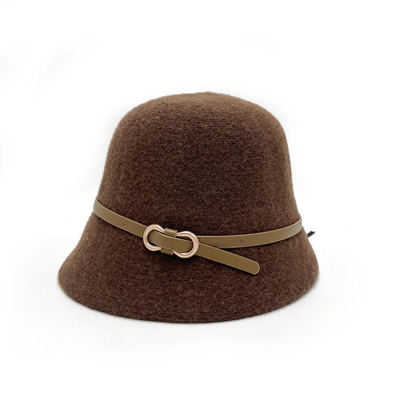 Belt Wool Hat Women's Autumn and Winter Fashion Simple Small Edge Bucket Hat Women's Face Small Dome Basin Hat Versatile