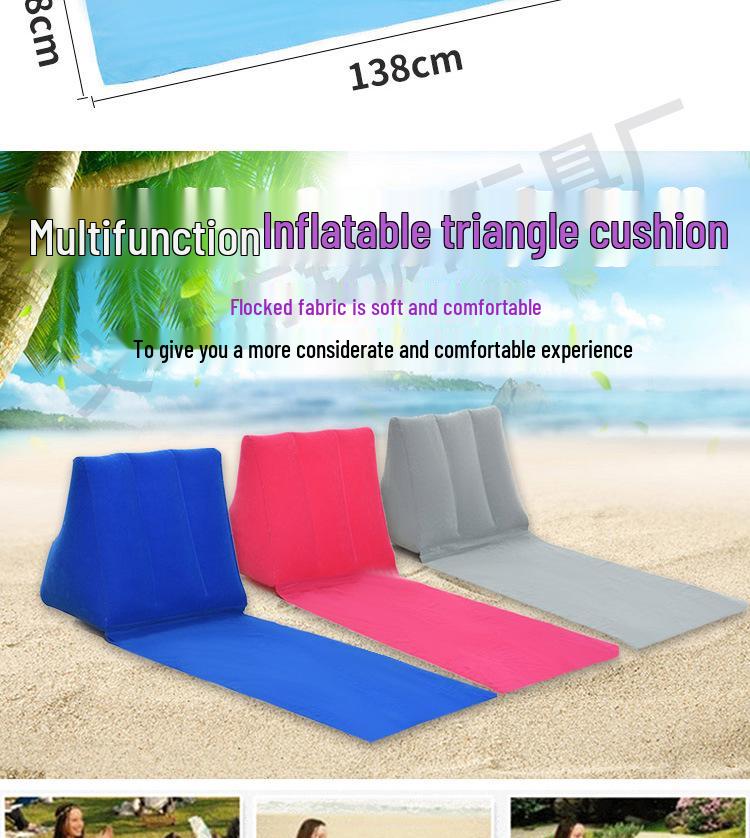 PVC Inflatable Beach Mat with Triangle Back Cushion, Portable & Moisture-Proof, Includes Pillow, Flocking, Folding Design for Single Person Use.