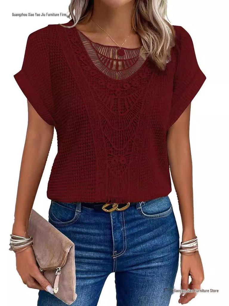 2026 Spring/Summer Women’s Lace Patchwork Short Sleeve T-shirt
