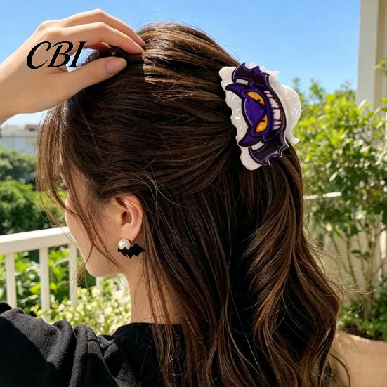 Shark Hair Claw Back Head Claw, Reinforced Clip with Elastic Base, Halloween Skull Bat Design Pumpkin Patterns for Bun Half-Tied Style Transparent