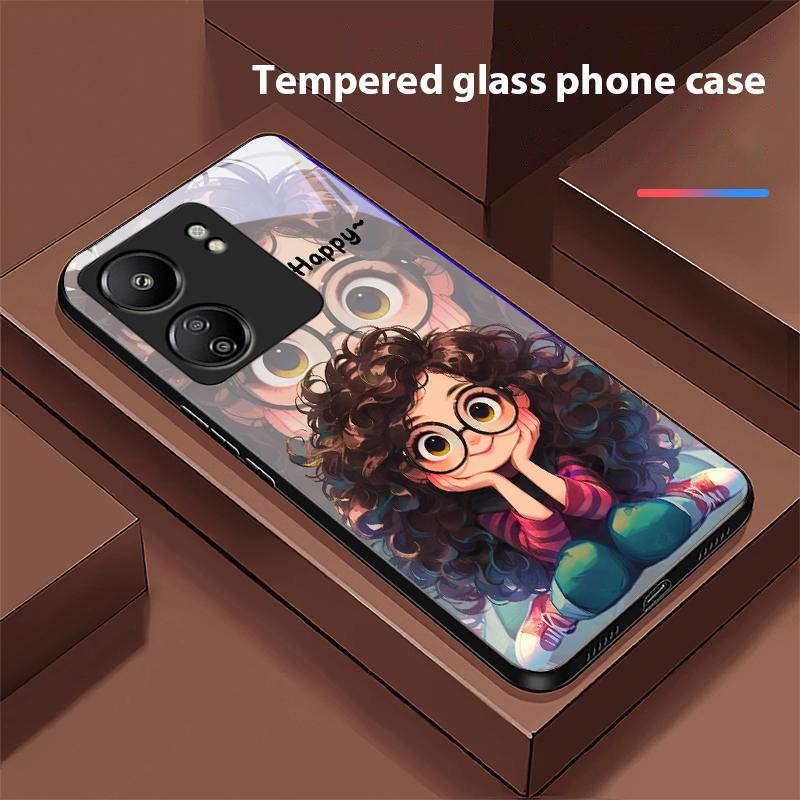 Curly Haired Girl For Xiaomi Redmi 13C Note13 12 Pro Plus 5G Note 9 13T Pro POCO X6 F5 F6 Black Tempered Glass Phone Case
