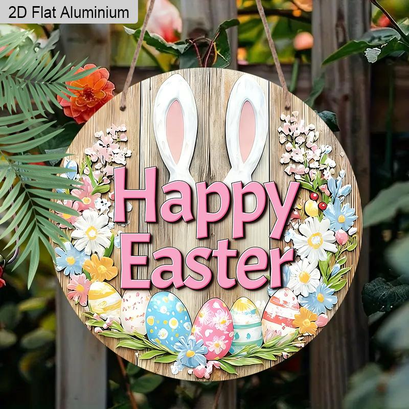 2D Flat 1pc Easter Aluminum Decoration Hanging Plaque, Bunny Ears and Colorful Eggs Signs, Living Room Decor, Easter Party Decor, Lightweight