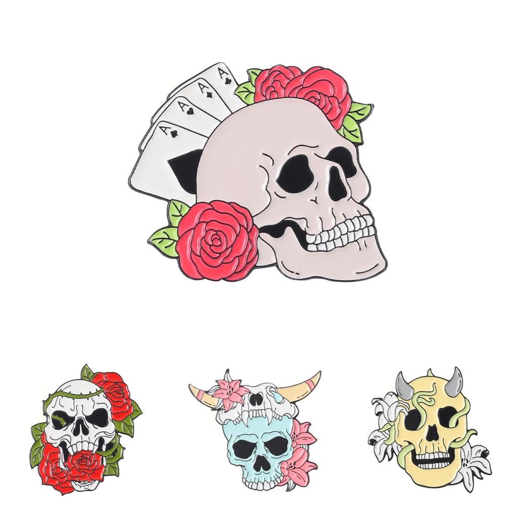 Gold Striking Plated Punk Skull Brooch Featuring Beautiful Rose Design For Distinctive Fashion Appeal