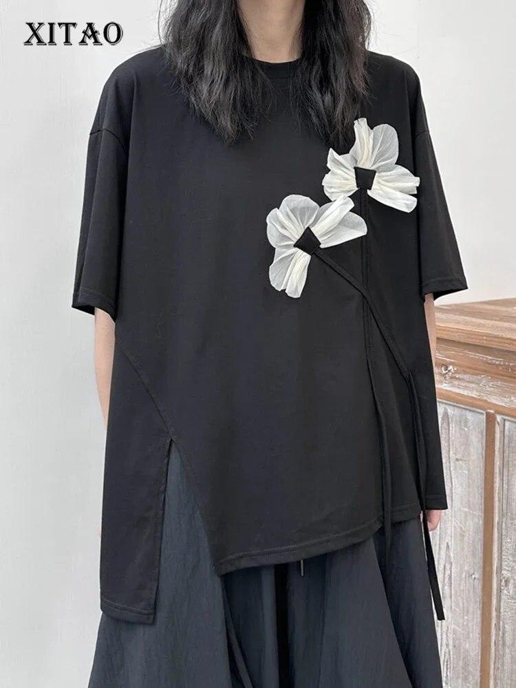 

XITAO Свободная асимметричная повседневная футболка с цветочным принтом, женский топ DMJ1817
