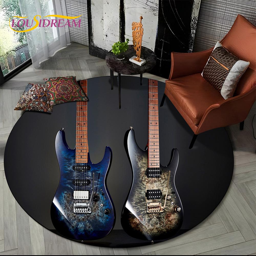 3D E-Gitarre Klassische Gitarre Musik Runder Teppich Teppich für Wohnzimmer Schlafzimmer Kinderzimmer Dekor, Haustierbereich Teppich Rutschfeste Bodenmatte