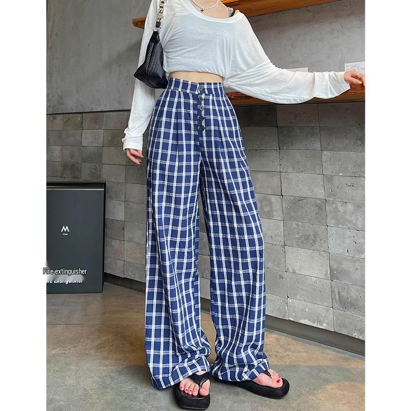 Women's Retro Plaid Double-Breasted Straight-Leg Wide-Leg Pants - Zhao Lusi Style, Spring & Autumn Collection In Blue.