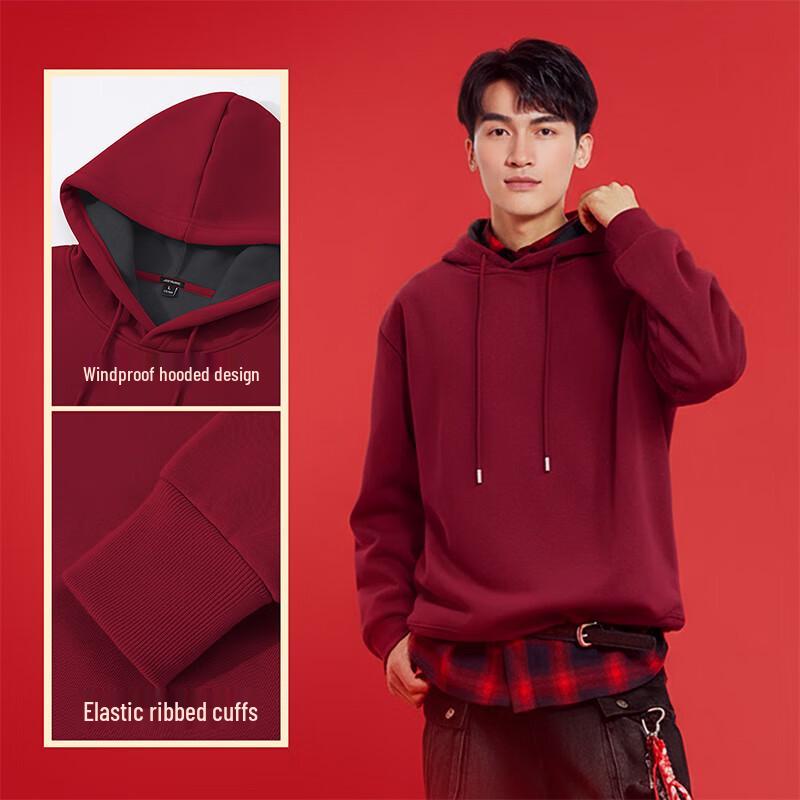 JEANSWEST LIFE Men's Winter Plush Hooded Sweatshirt with Lion Dance Graphic