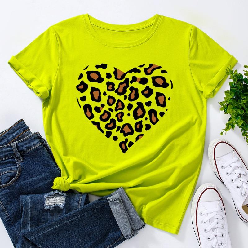 Zomer Dames Bedrukte Luipaardprint Hartvormige Losse Ronde Hals Puur Katoen Korte Mouw T-shirts Dames