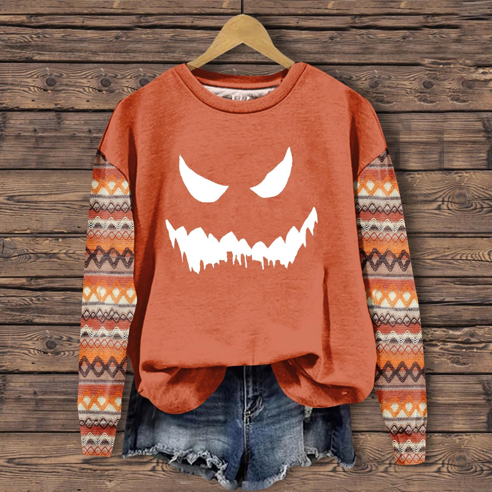 

Женская мода повседневная толстовка с длинным рукавом и круглым вырезом с принтом на Хэллоуин S оранжевый