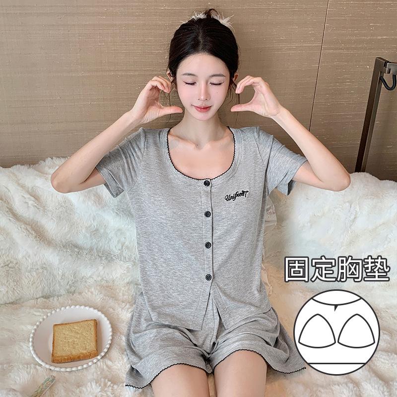Summer new round neck short-sleeved shorts pajamas women's skin-friendly cool modal cotton suit loungewear women's chest pad