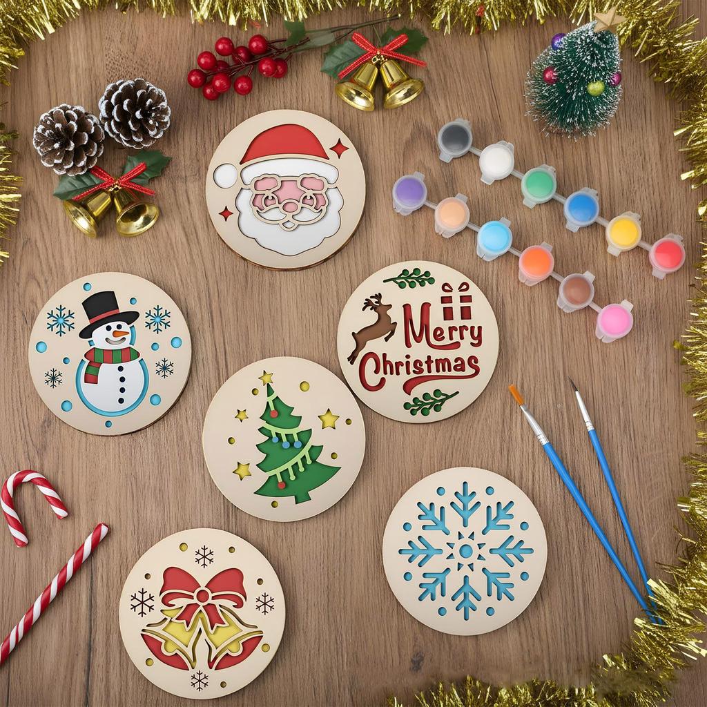 12 Pack Christmas Round Wooden Drink, Natural Wood for Holiday Home and Table Decor
